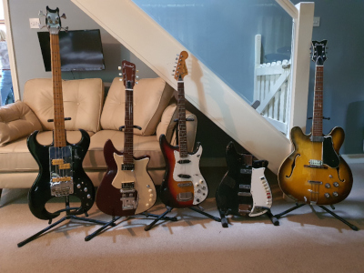 Photo showing some classic British electric guitars.